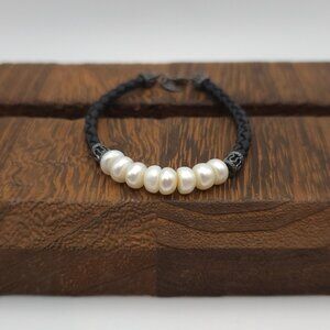 7 Inch 925 Sterling Silver & Leather Tarnished Pearl Bracelet